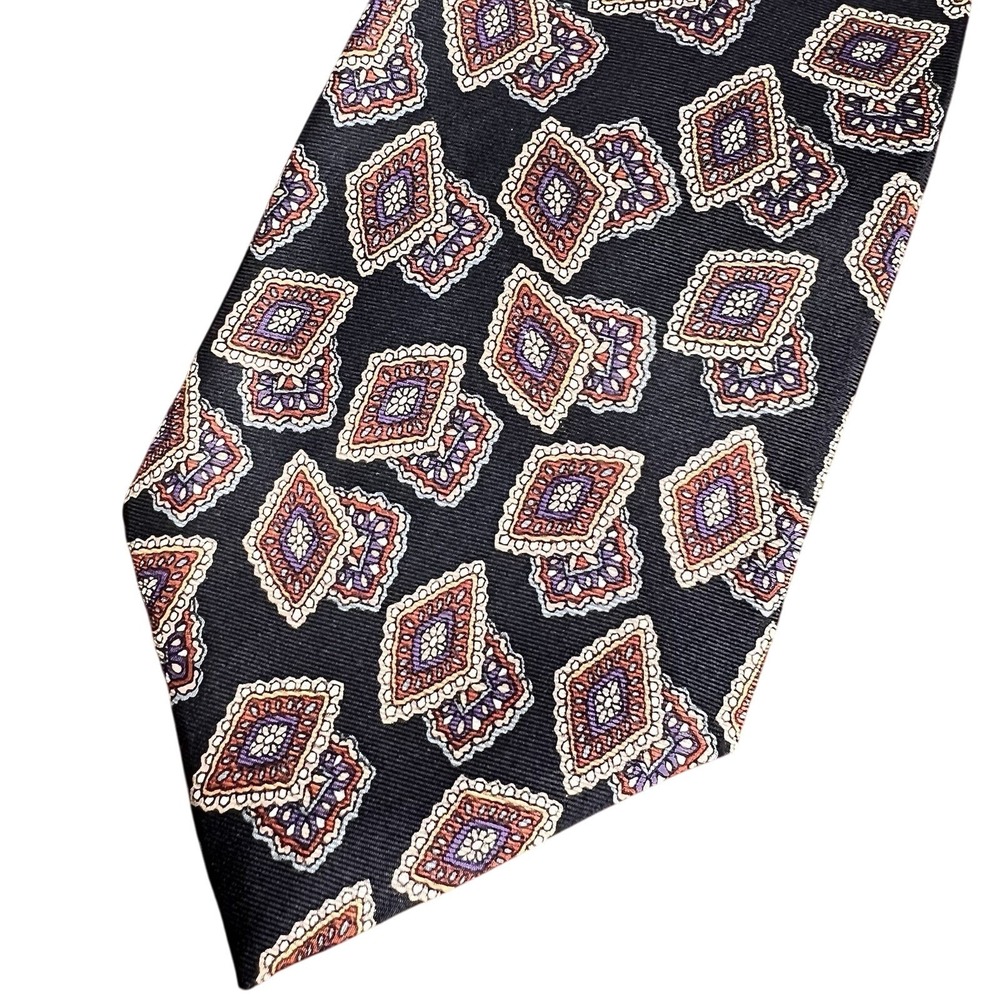 Hardy Amies Savile Row London Mens Silk Tie Black Purple Geometric Diamond Wide